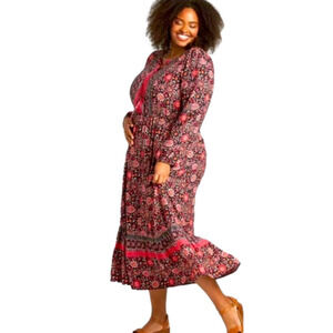 Lane Bryant Lace-Up Neck Boho Prairie Midi Dress plus size 14 floral pink NWT